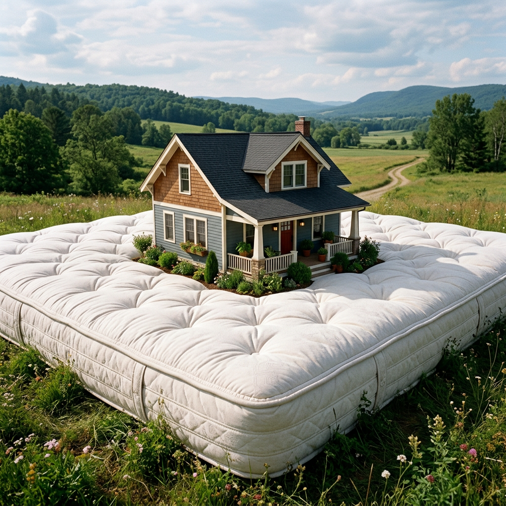 A small house model placed on a large white mattress outdoors in a green field with hills in the background