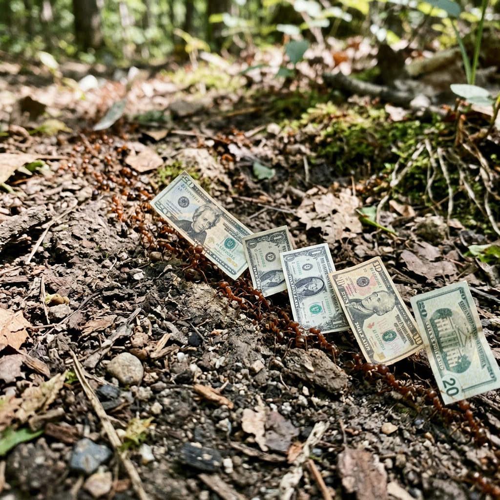 Ants carrying banknotes across ground