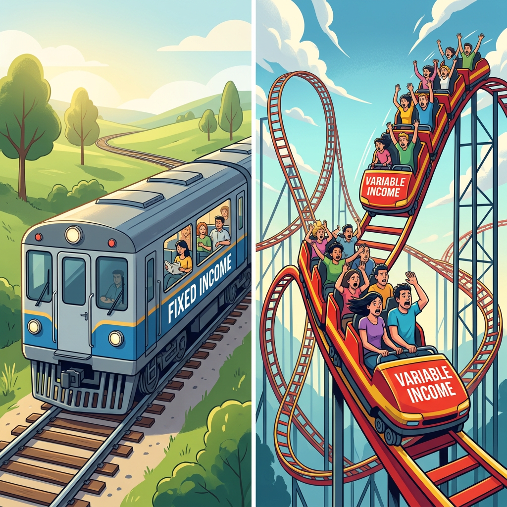 Split image: fixed income train, variable rollercoaster