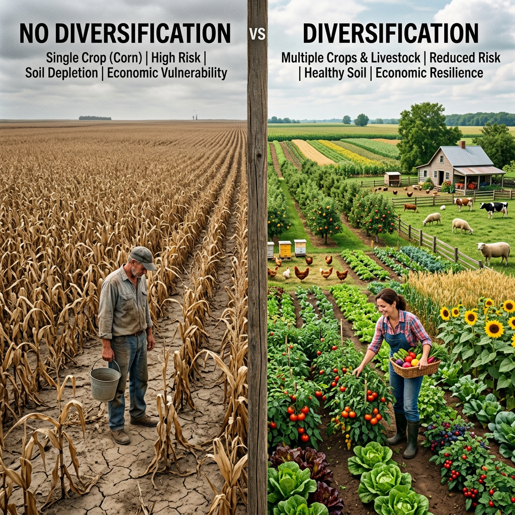 Dry monoculture cornfield with farmer versus lush diverse farm with crops and livestock