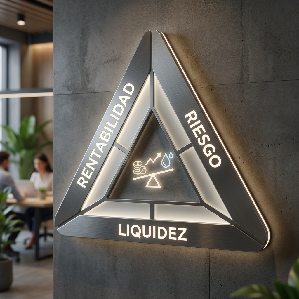 Triangular illuminated sign with words Rentabilidad, Riesgo, Liquidez and financial balance icons