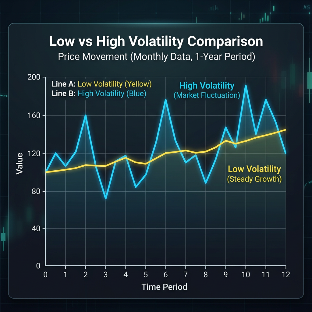 Line chart showing low volatility in yellow with steady growth and high volatility in blue with market fluctuations over 12 months