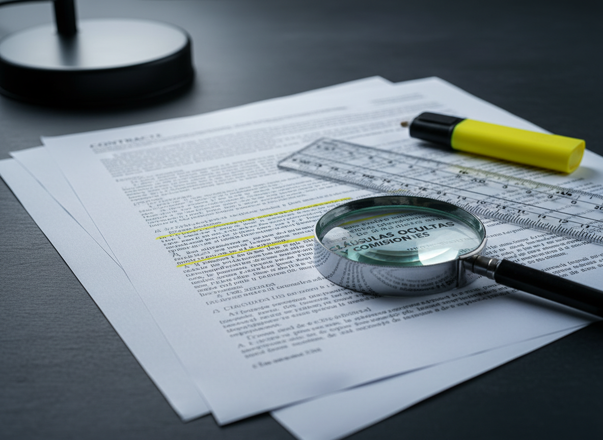 A bold, hyper-realistic close-up of a thick Spanish financial contract laid flat on a dark matte desk, pages slightly fanned so dense fine print is clearly visible. A sturdy transparent ruler, highlighter, and metal magnifying glass rest on the paper, emphasizing scrutiny of hidden clauses and commissions. The scene is lit by cool, directional desk-lamp light from the upper left, creating crisp shadows and sharp contrast. Shot from a slightly elevated angle with shallow depth of field, the center text and magnifying glass are razor sharp while the edges blur softly. The mood is investigative and uncompromising, with a clean, modern photographic style that conveys radical transparency in financial comparison.